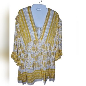 Rachel Zoe women's cream/gold 3/4 sleeves  V-neck swing top size S